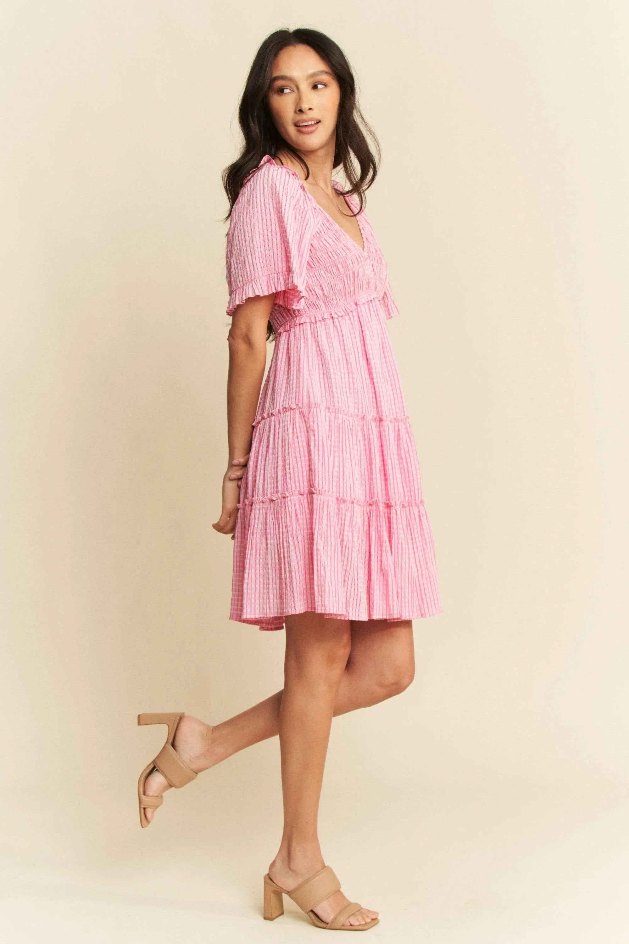 Davi & Dani Jacquard Checker Smocking Tiered Dress in Pink