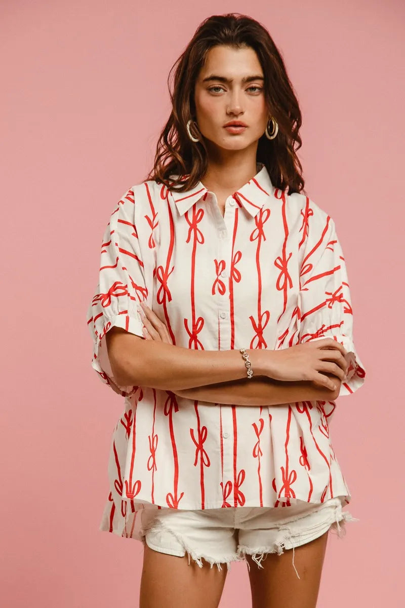 BiBi Bow Ribbon Woven Printed Button Down Shirt