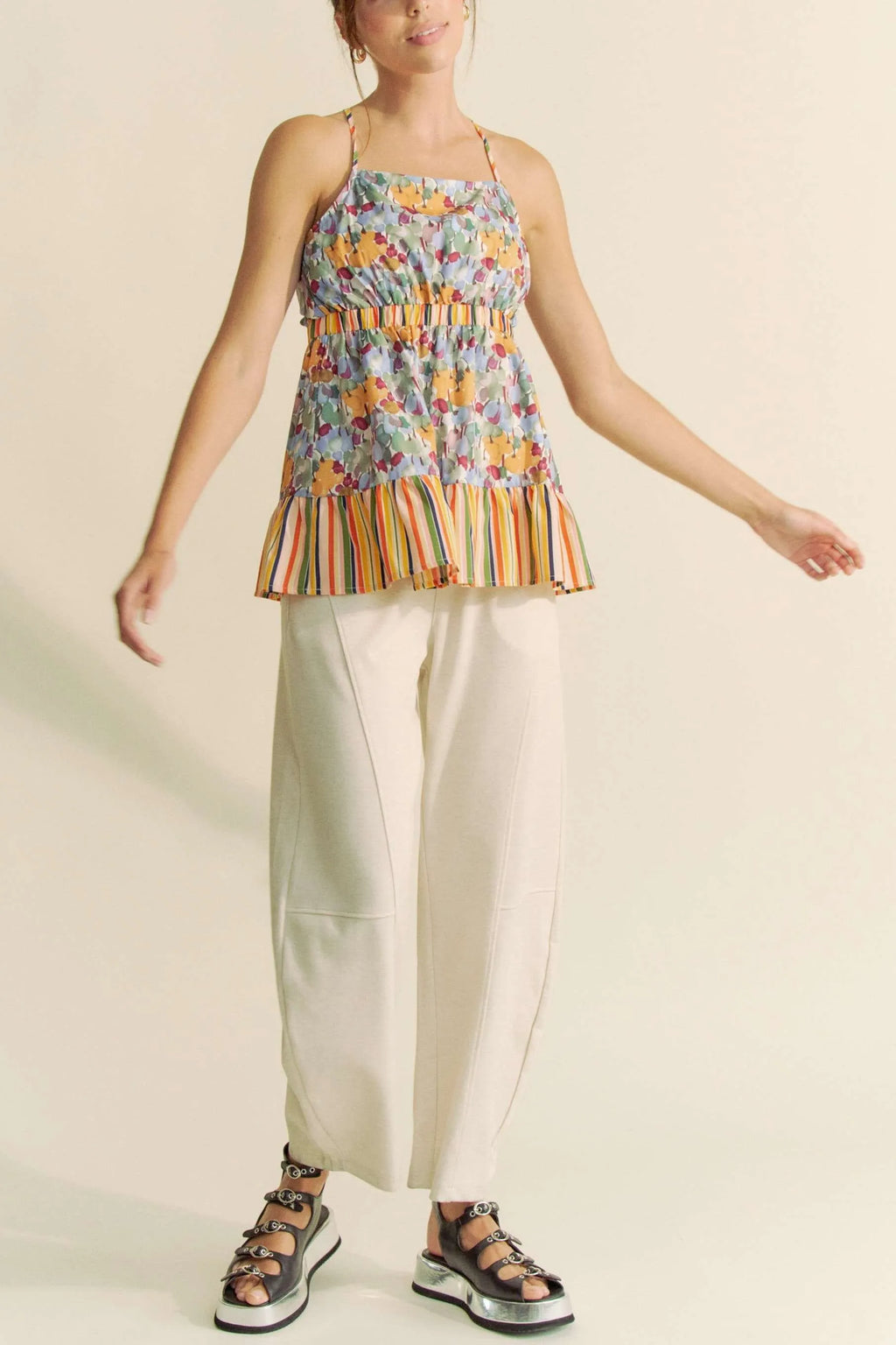 Davi & Dani Floral Smocked Sleeveless Ruffle Back Tie Top