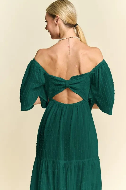 Davi & Dani Swiss Dotted Ruched Ruffle Open Back Midi Dress in Green