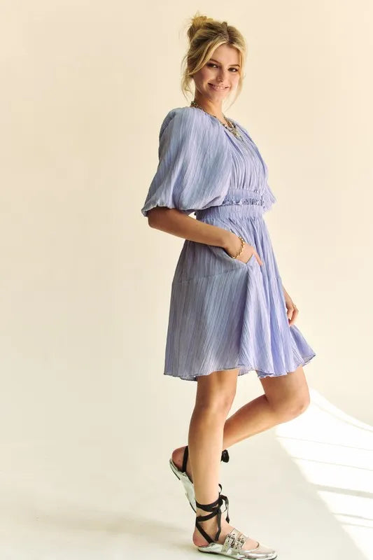 Davi & Dani Back Button Puff Sleeve Mini Dress in Lavender