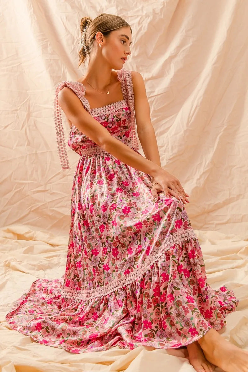 SO ME Floral Maxi Dress With Ribbon Tie Lace Strap