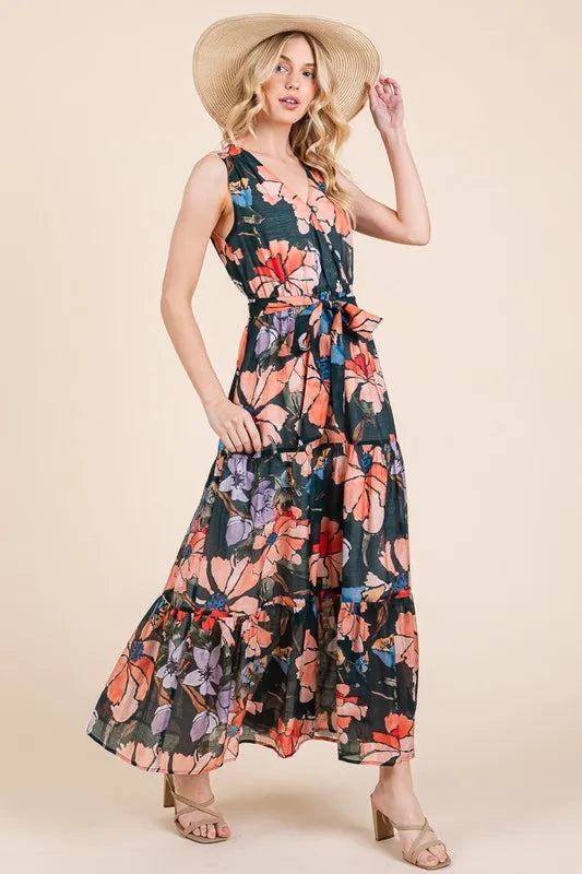 Lime 'N' Chili Floral Print Sleeveless Tie Waist Maxi Dress in Mutli