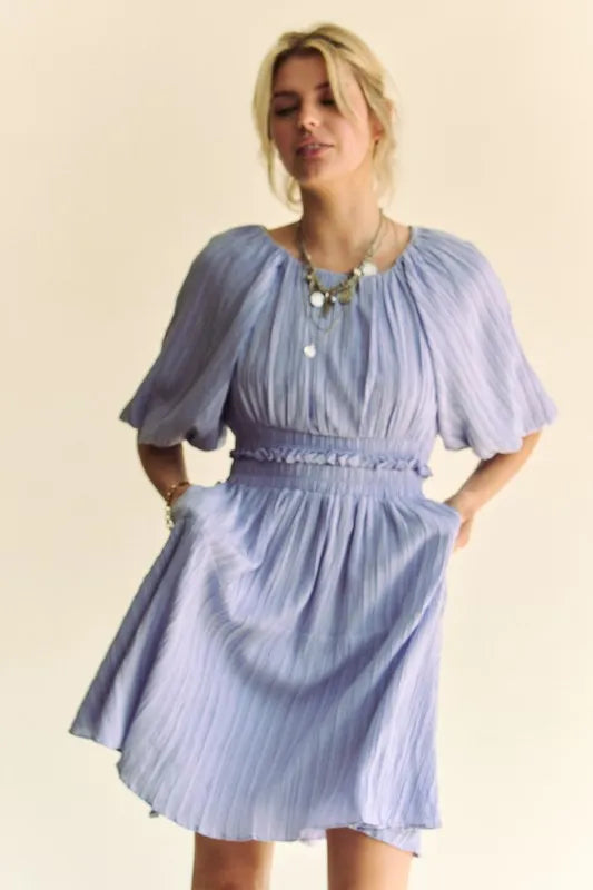 Davi & Dani Back Button Puff Sleeve Mini Dress in Lavender