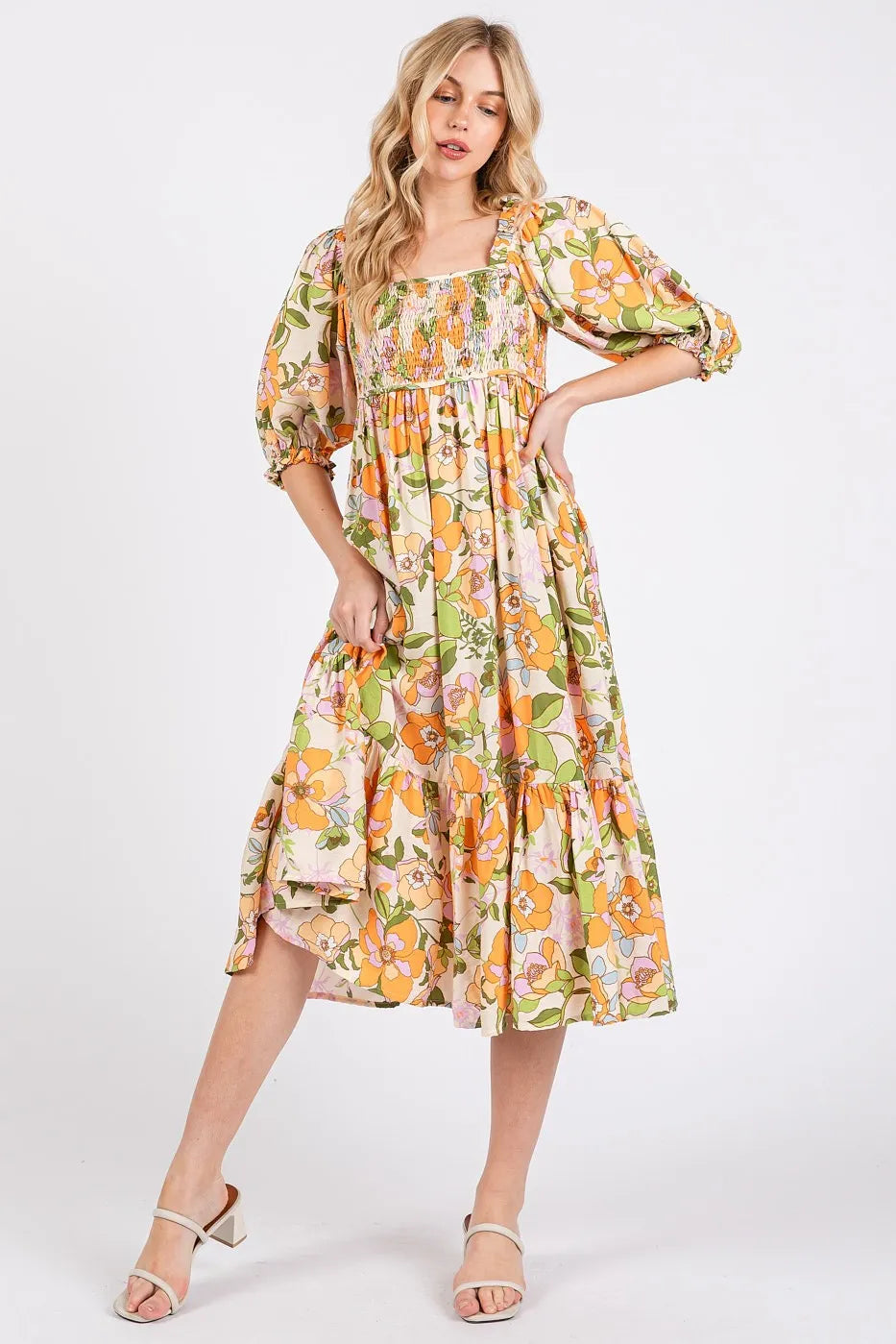 Mittoshop Flower Print Puff Sleeve Ruffle Smocked Midi Dress