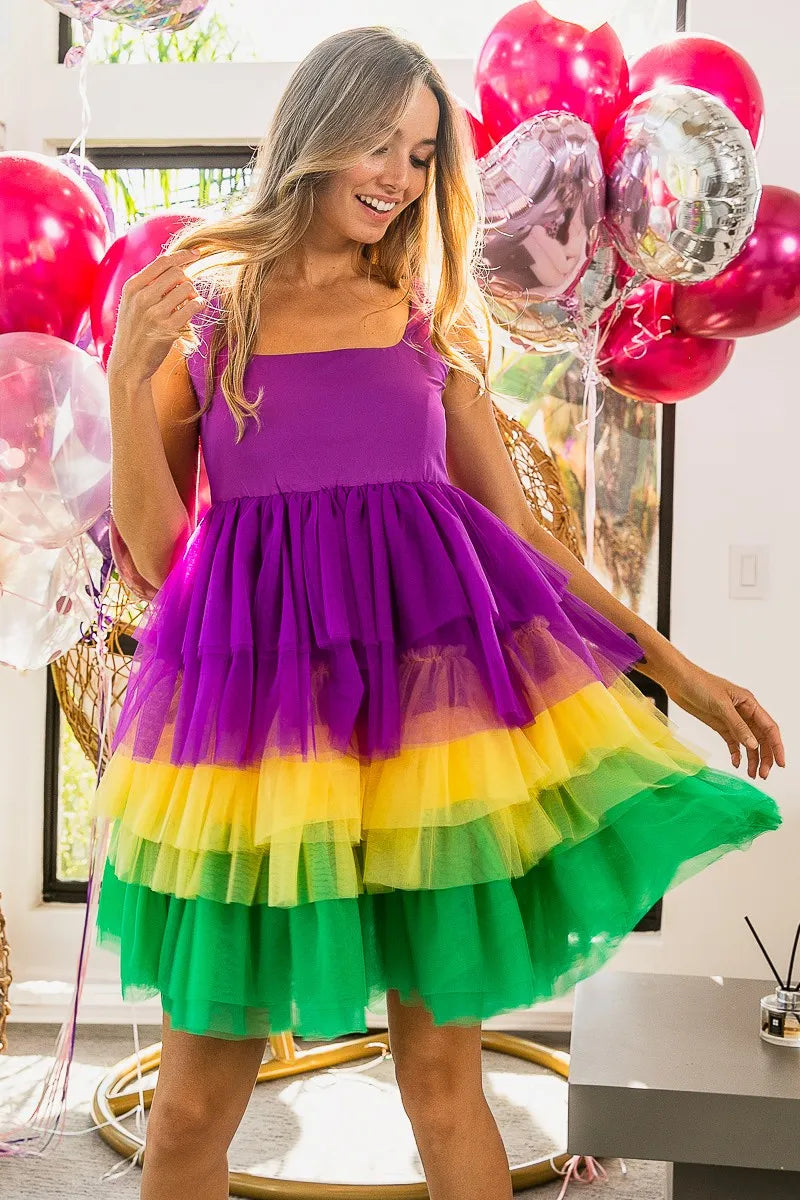 BiBi Mardi Gras Color Block Layered Mesh Tiered Dress