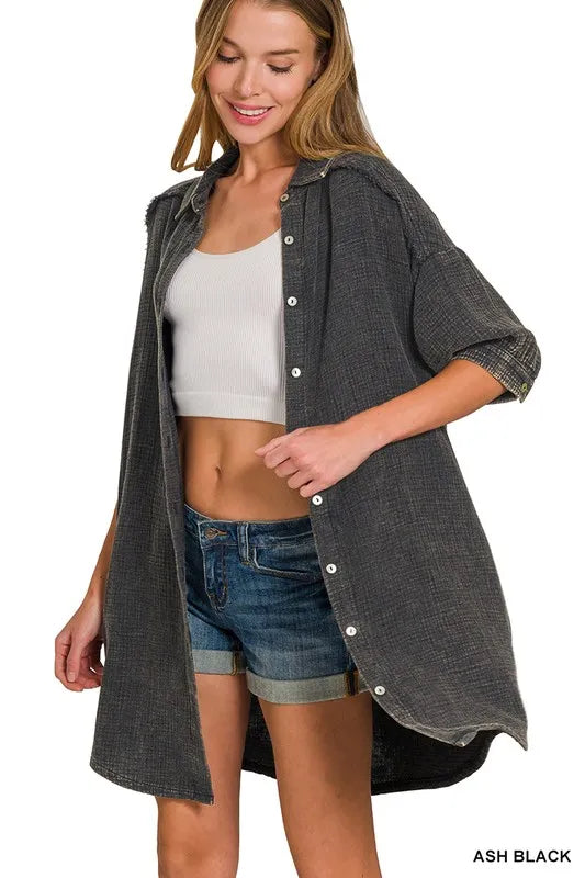 Zenana Washed Double Gauze Button Down Shirt Dress in Black