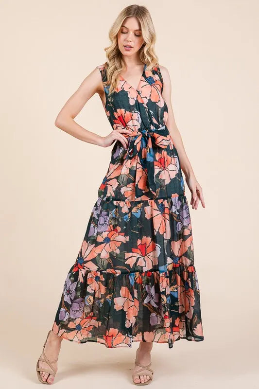 Lime 'N' Chili Floral Print Sleeveless Tie Waist Maxi Dress in Mutli