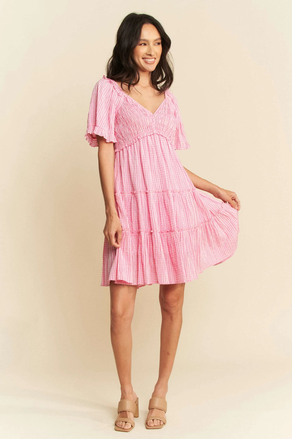 Davi & Dani Jacquard Checker Smocking Tiered Dress in Pink