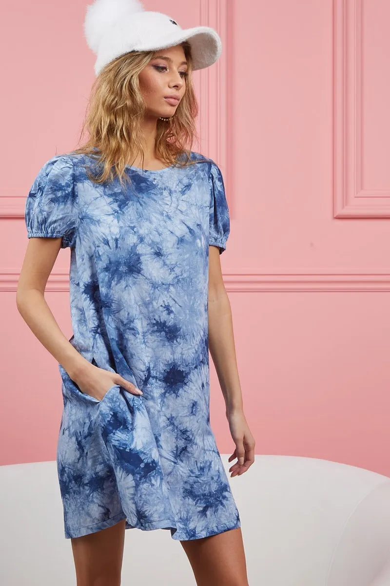 BiBi Puff Sleeve With Side Pockets Tie Dye Dress