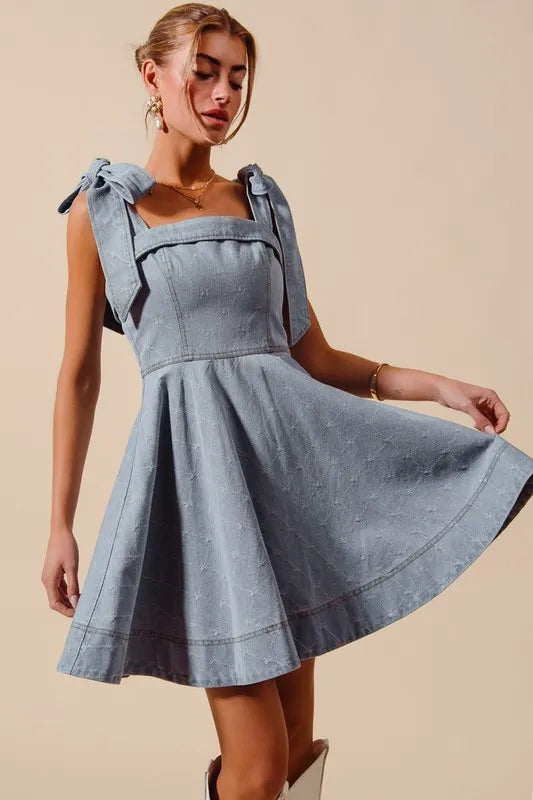 SO ME A Line Fit and Flare Diamond Bow Ribbon Denim Dress