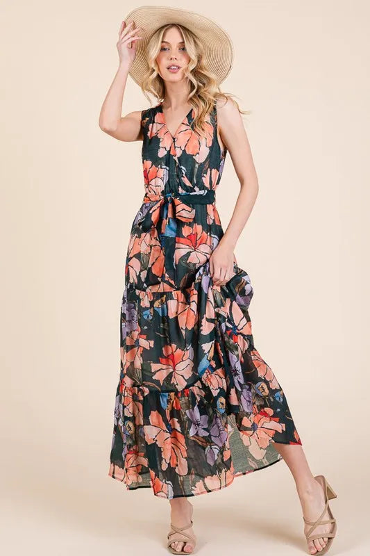Lime 'N' Chili Floral Print Sleeveless Tie Waist Maxi Dress in Mutli
