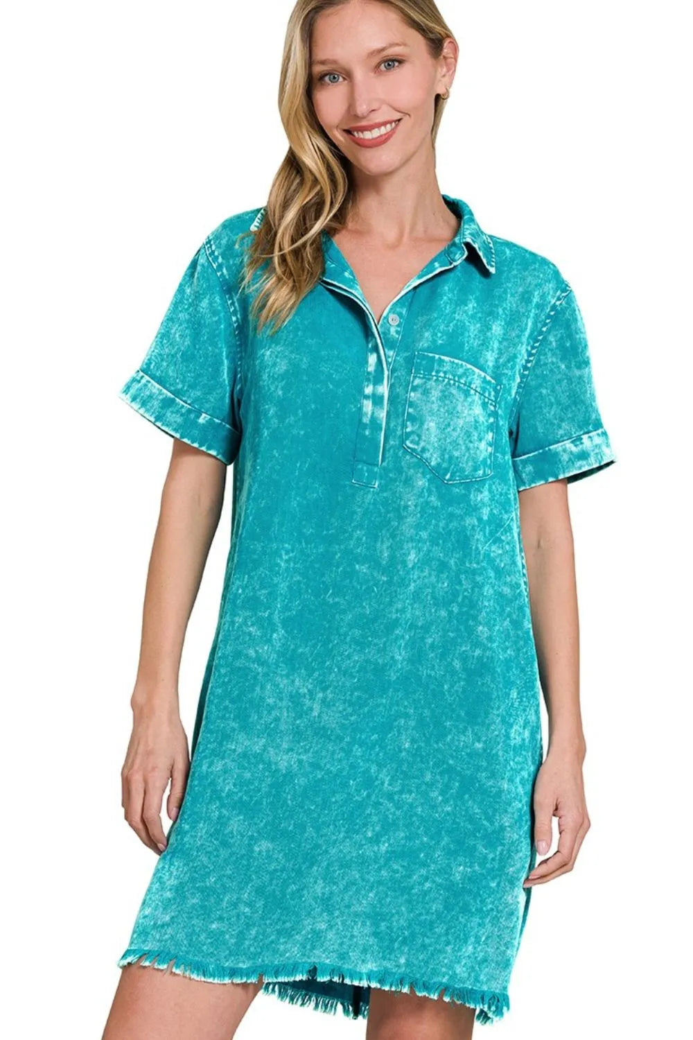 Zenana Tencel Mineral Washed Collared Shirts Dress in Teal