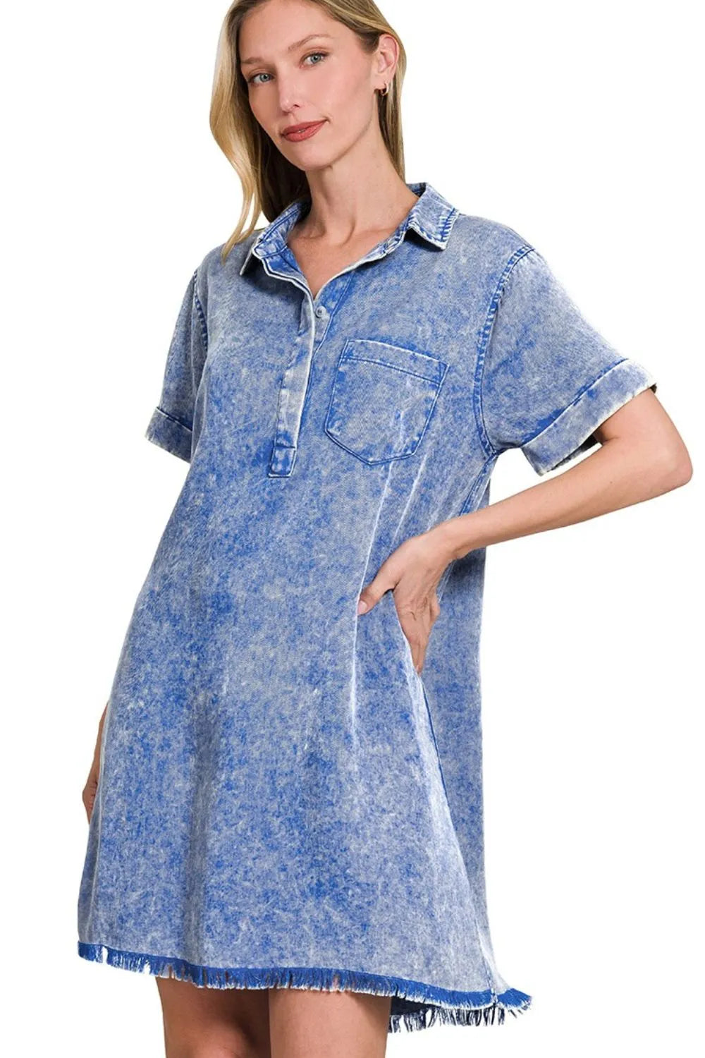 Zenana Tencel Mineral Washed Collared Shirts Dress in Blue