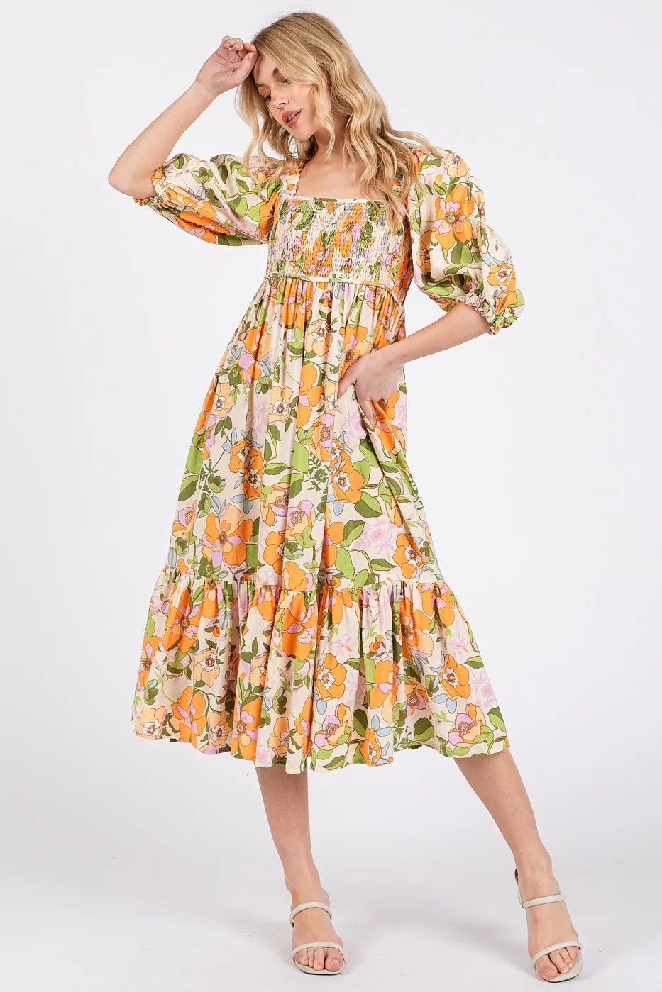 Mittoshop Flower Print Puff Sleeve Ruffle Smocked Midi Dress