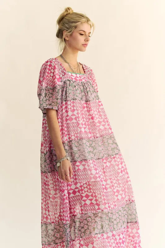 Davi & Dani Multi Floral Square Neck Puff Sleeve Maxi Dress in Pink