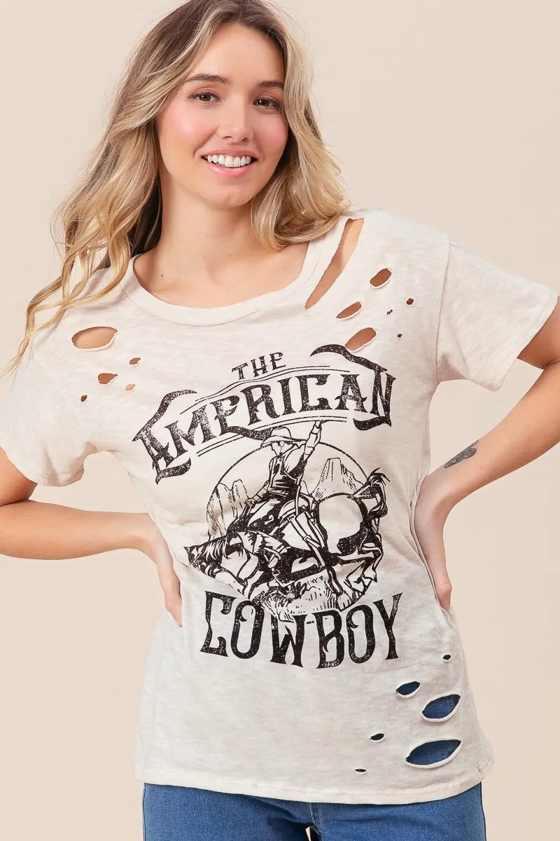 BiBi Cotton Slub Laser Top American Cow Boy Graphic in Taupe