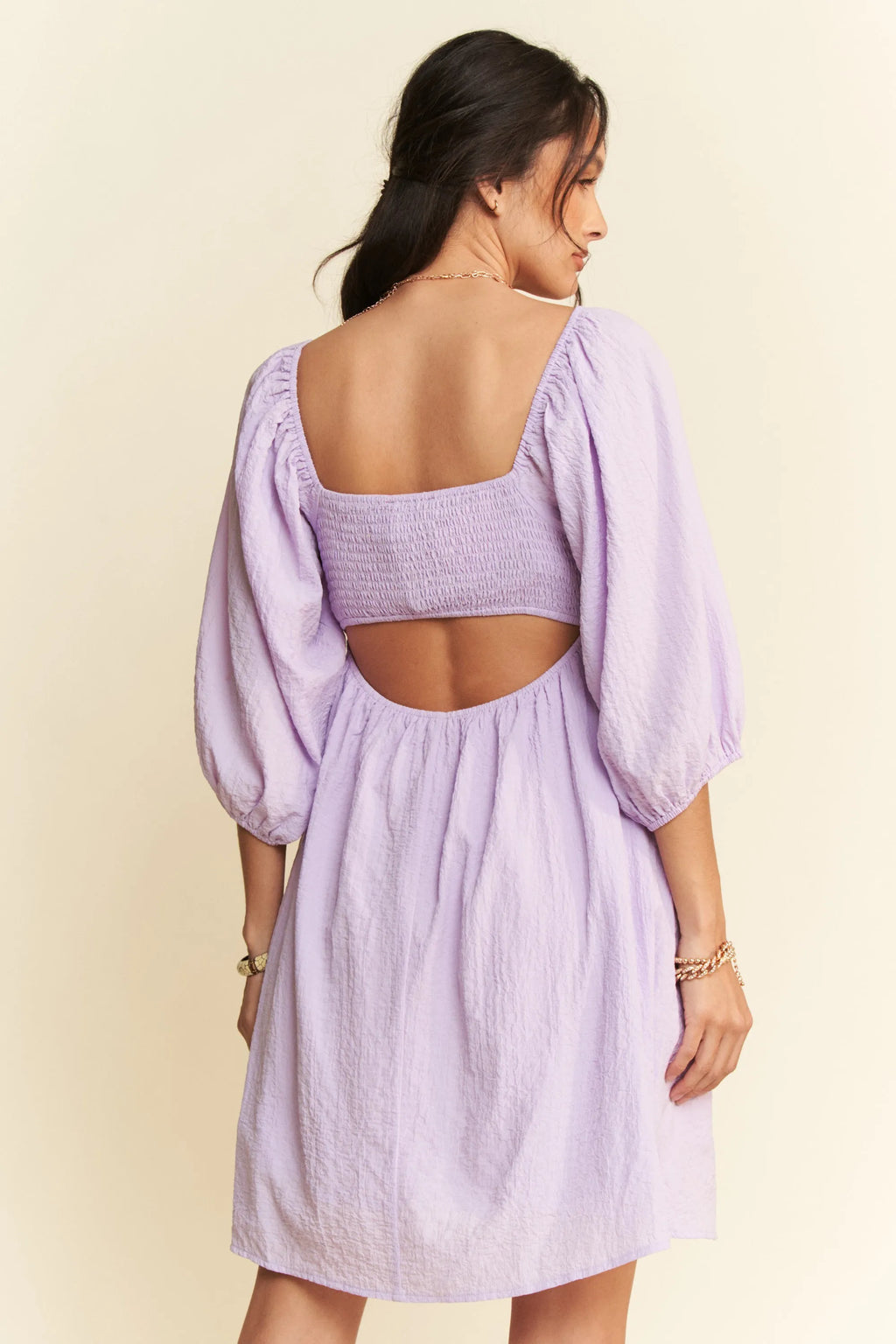 Davi & Dani Self-Tie Puff Sleeve Smocking Open Back Mini Dress