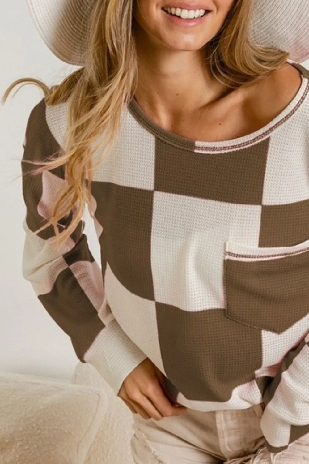 BiBi Checker Printed Hacci Top With Front Pocket in Taupe