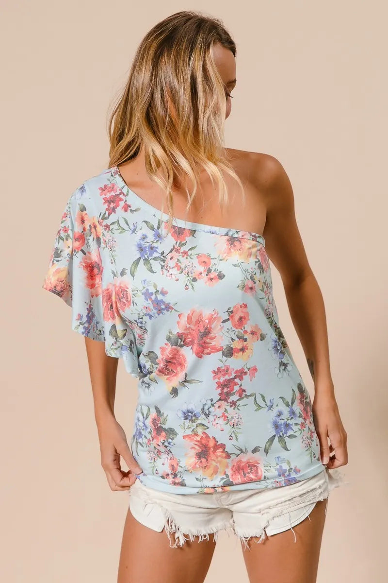 BiBi Floral Printed Jersey Knit Ruffle Sleeve Top