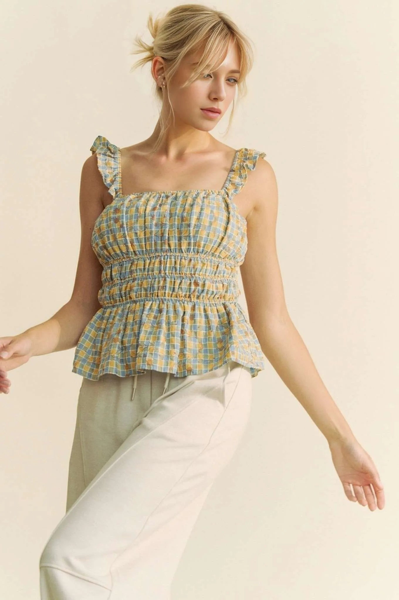 Davi & Dani Plaid Ruffled Strap Smocked Sleeveless Top