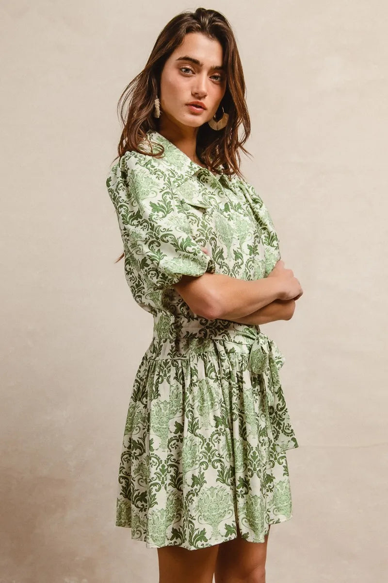 BiBi Tied Floral Short Sleeve Mini Shirt Dress