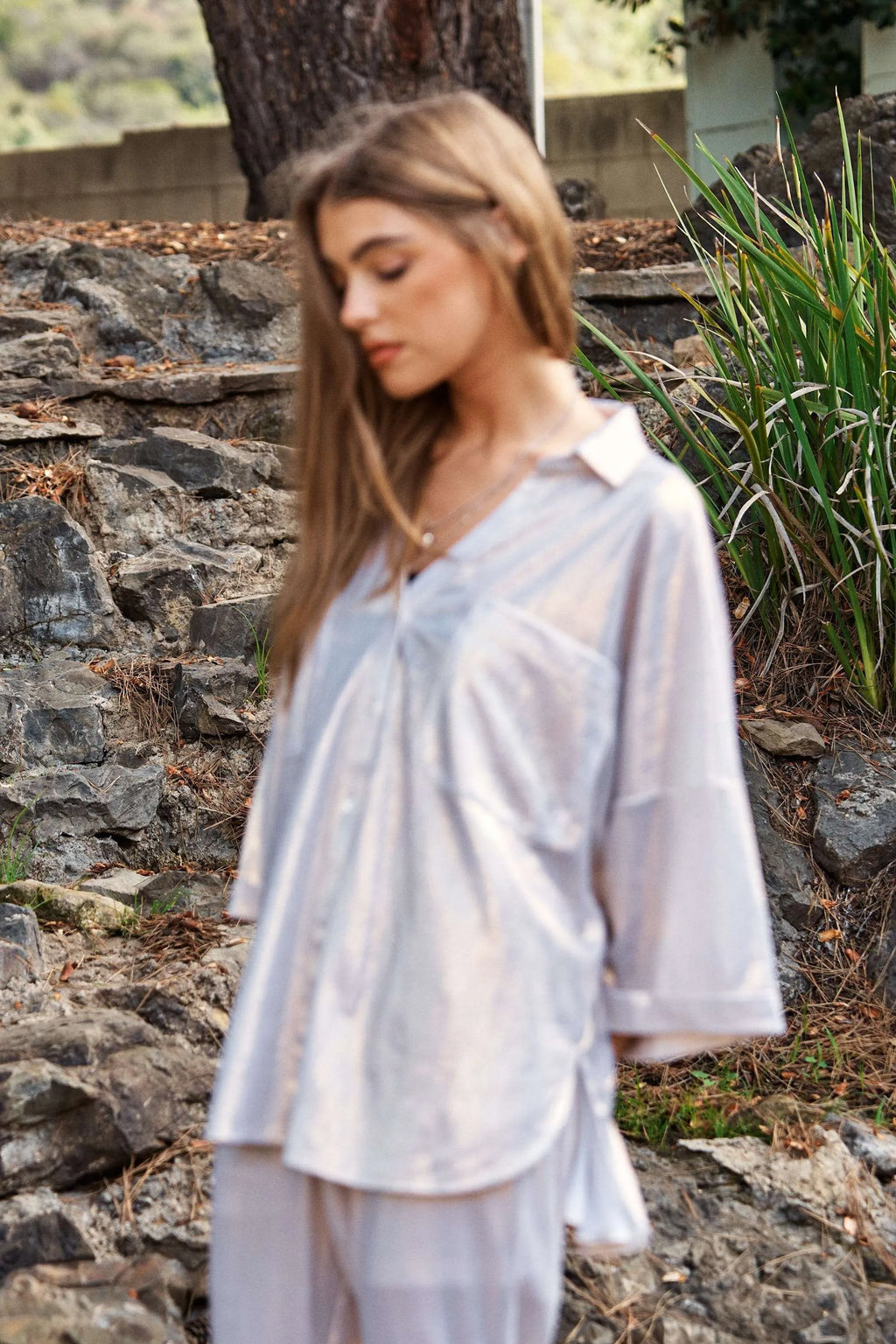 Davi & Dani Solid Sparkling Shimmer Pocket Button Front Shirt