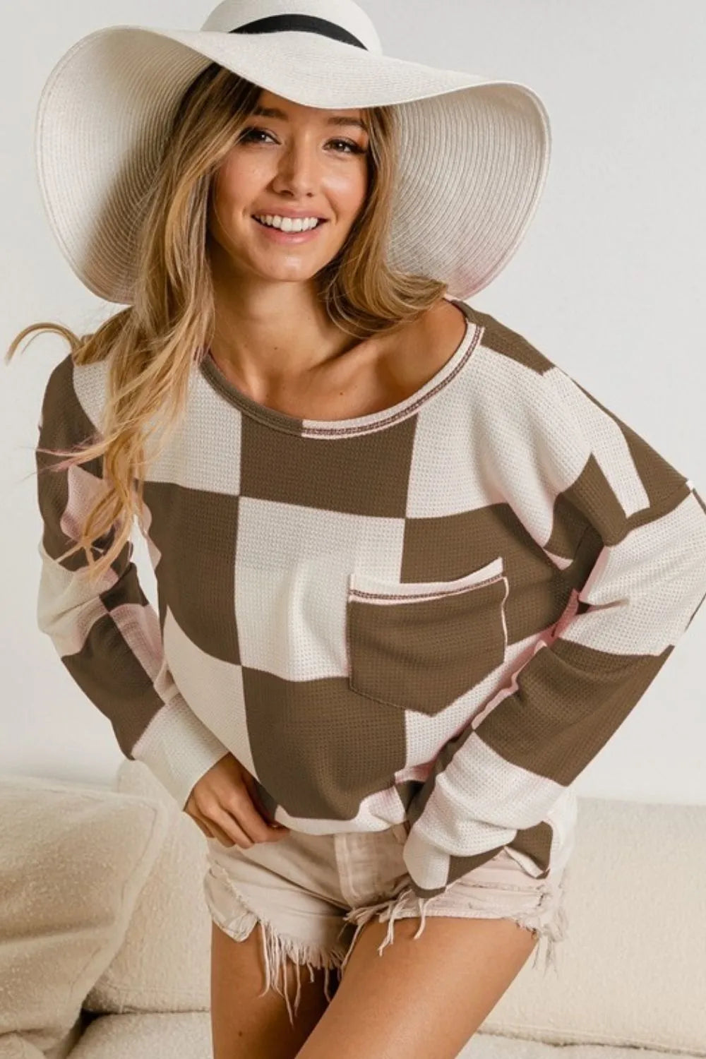 BiBi Checker Printed Hacci Top With Front Pocket in Taupe
