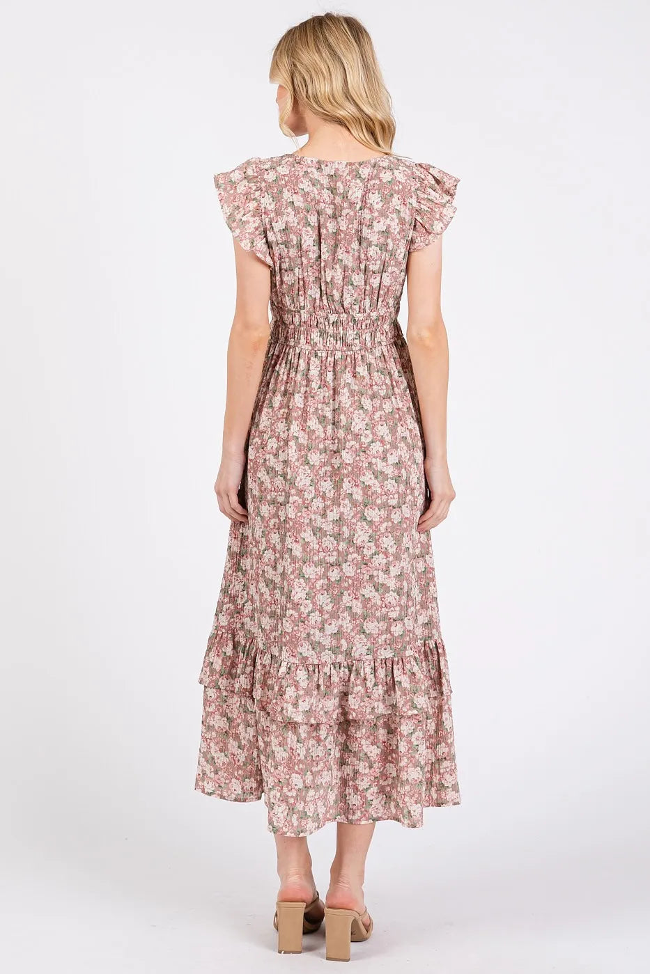 Mittoshop Flower Print Ruffle Cap Sleeve V-neck Midi Dress in Mauve