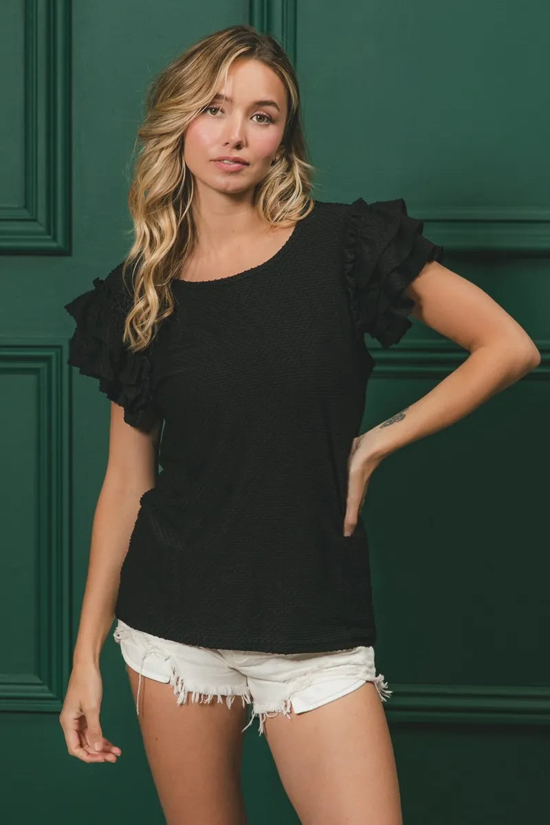 BiBi Birdseye Texture Layered Ruffle Top in Black