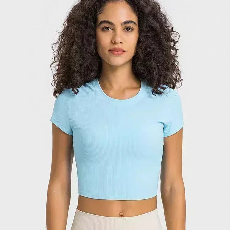 Lemon Women Crew Neck Ribbed Crop Tops Short Sleeve Strong Stretch Yoga Shirts Summer Slim Gym Clothing for Street Girls