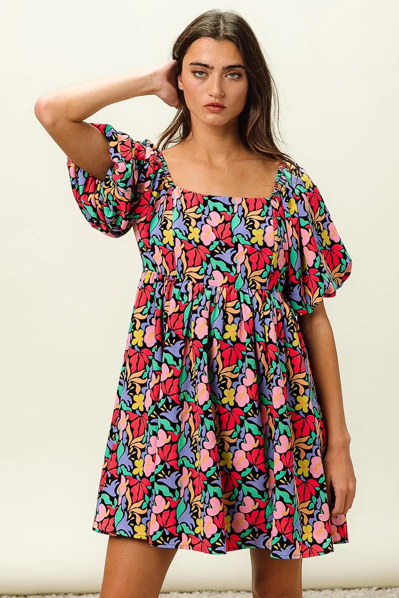 BiBi Floral Print Puff Square Neck Dress