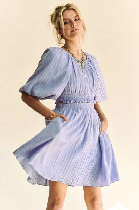 Davi & Dani Back Button Puff Sleeve Mini Dress in Lavender