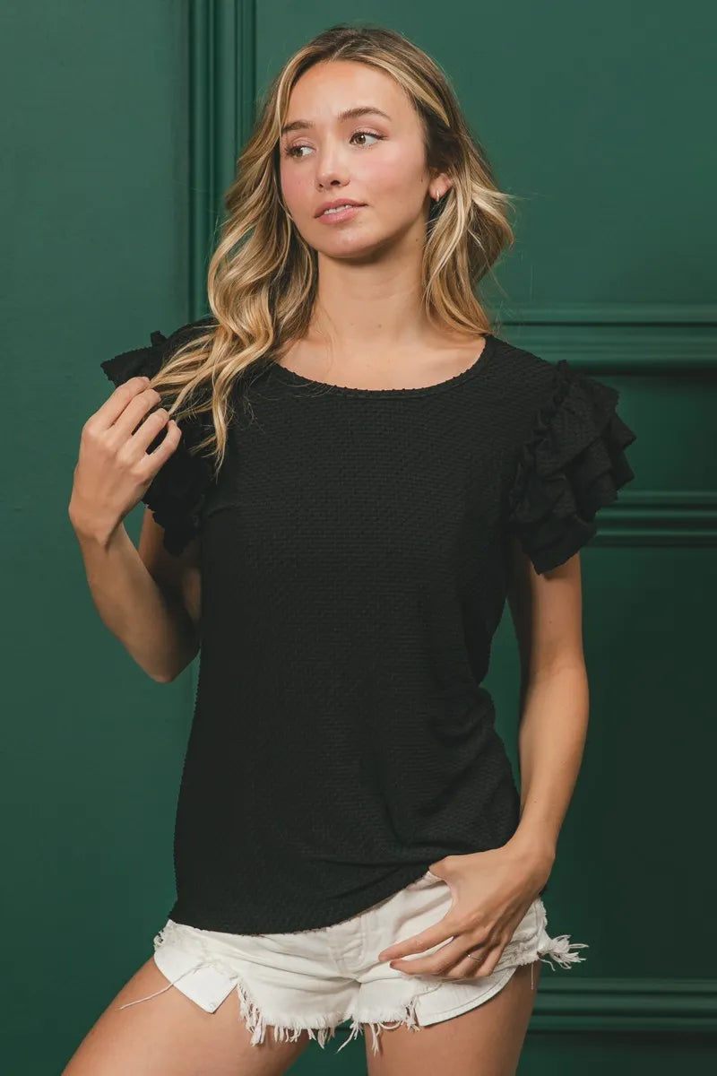 BiBi Birdseye Texture Layered Ruffle Top in Black
