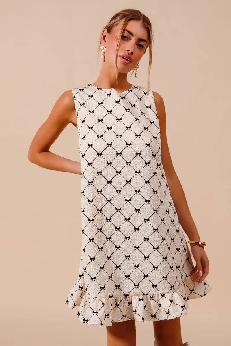 SO ME Texture Bow Printed Mini Ruffle Dress