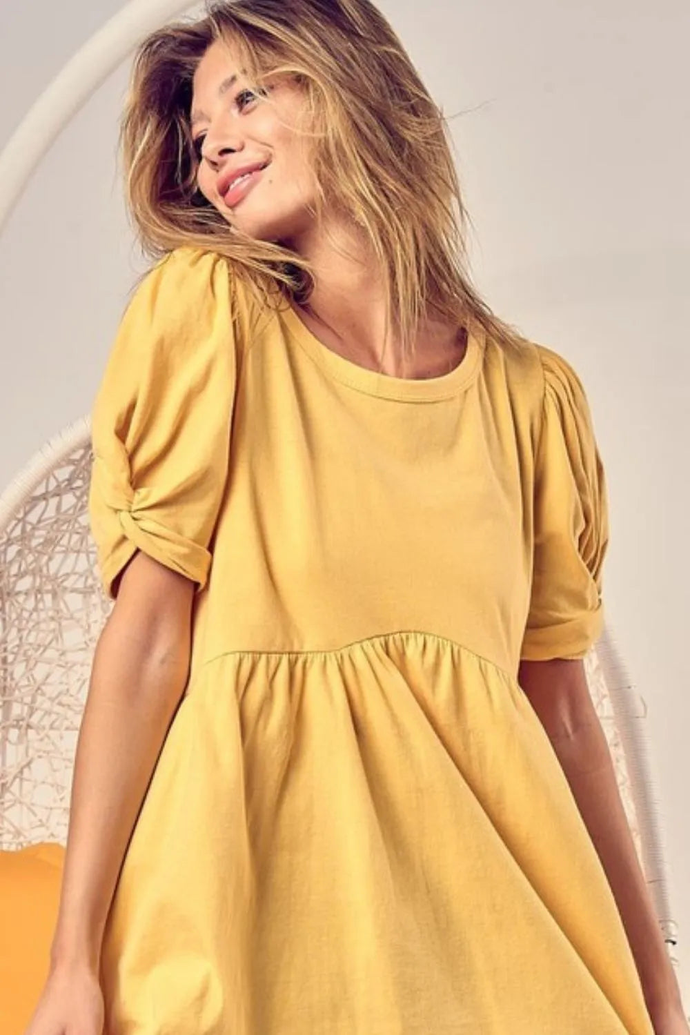 BiBi Cotton Span Knit with Puff Sleeve Baby Doll Top