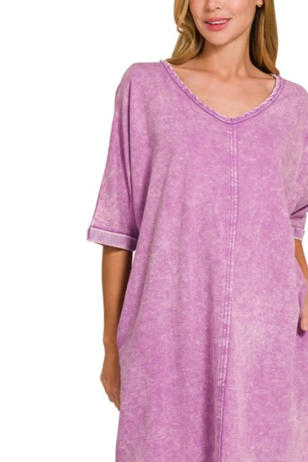 Zenana Acid-washed French Terry Tee Shirts Dress in Violet