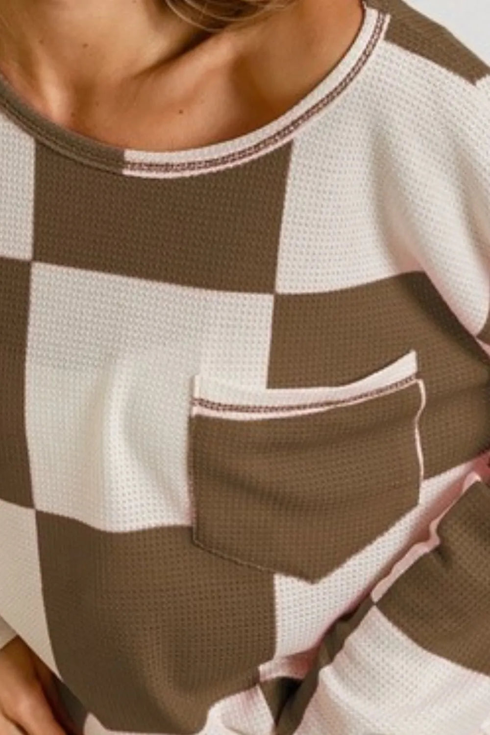 BiBi Checker Printed Hacci Top With Front Pocket in Taupe