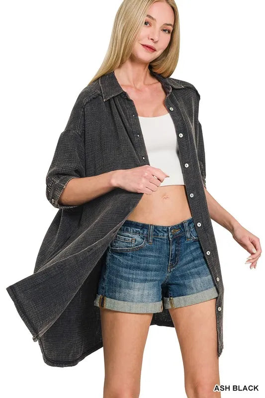 Zenana Washed Double Gauze Button Down Shirt Dress in Black