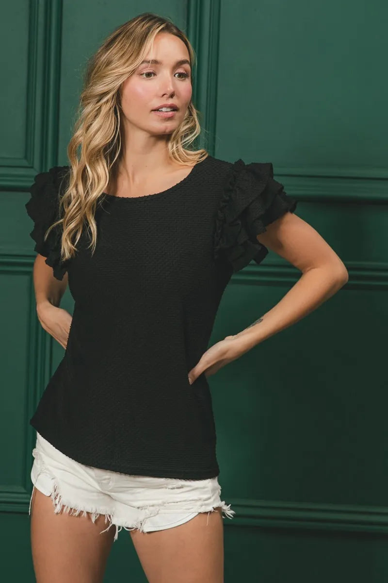 BiBi Birdseye Texture Layered Ruffle Top in Black