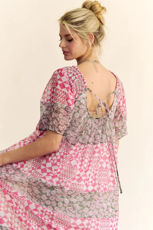 Davi & Dani Multi Floral Square Neck Puff Sleeve Maxi Dress in Pink