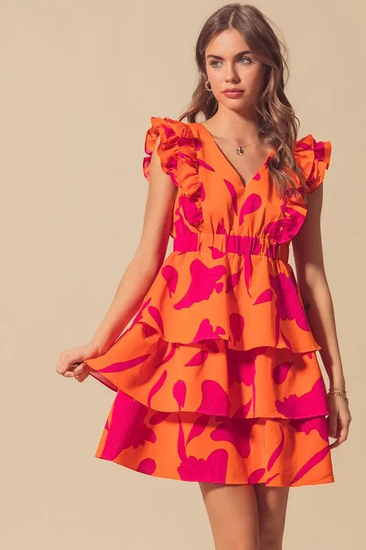 SO ME Floral V Neck Layered Dress with Elasticized Waist