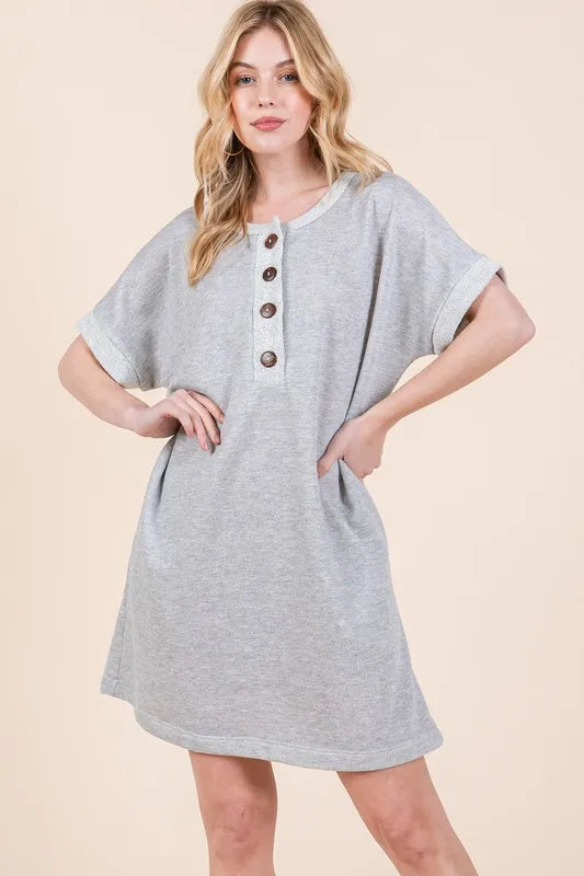 BOMBOM Casual Contrast Trim Henley Dress