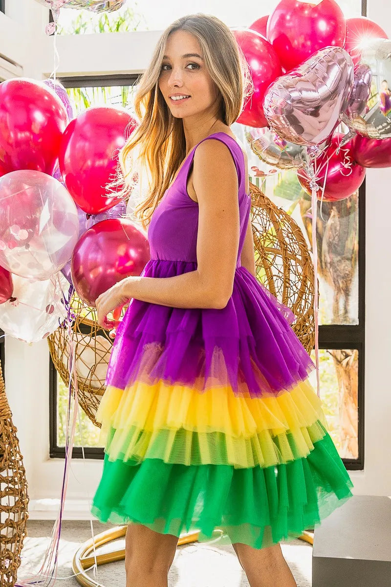 BiBi Mardi Gras Color Block Layered Mesh Tiered Dress