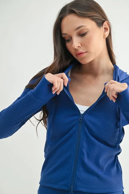 MONO B Ribbed Long Sleeve Hoodie in Blue