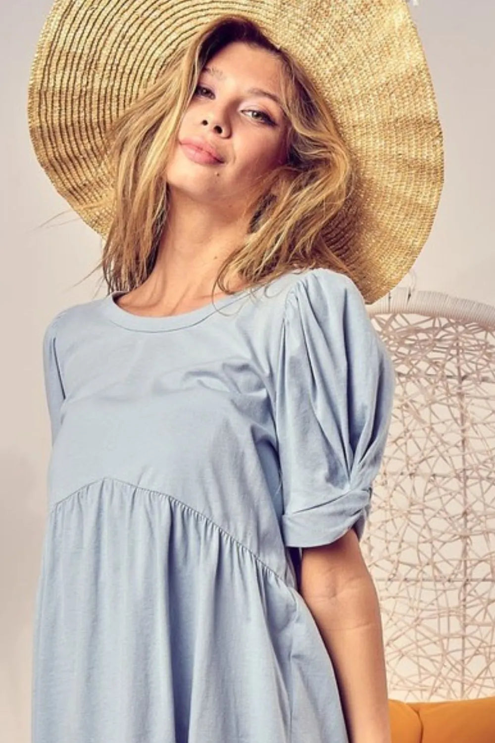 BiBi Cotton Span Knit with Puff Sleeve Baby Doll Top