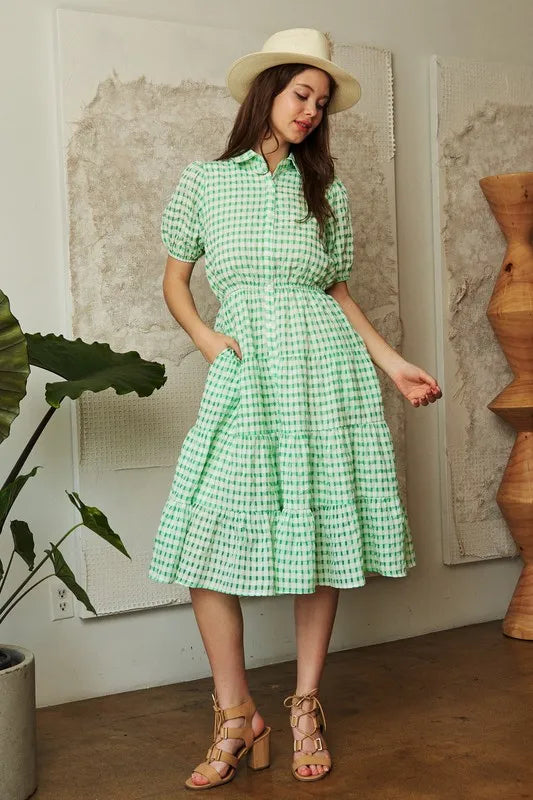 Davi & Dani Checkered Puff Sleeve Tiered Shirt Dress