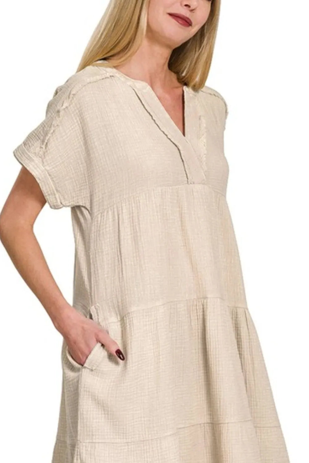Zenana Washed Double Gauze Raw Edge V-neck Dress in Beige
