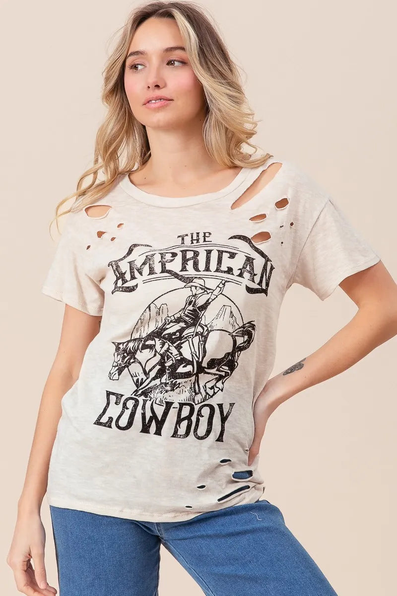 BiBi Cotton Slub Laser Top American Cow Boy Graphic in Taupe