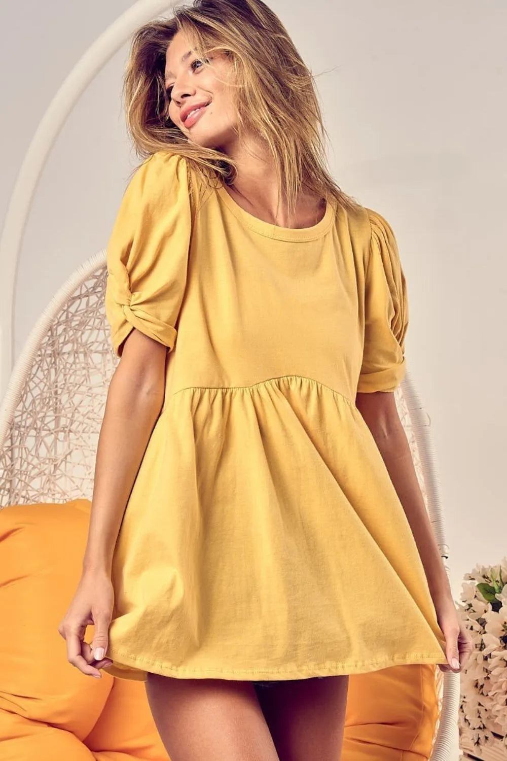 BiBi Cotton Span Knit with Puff Sleeve Baby Doll Top